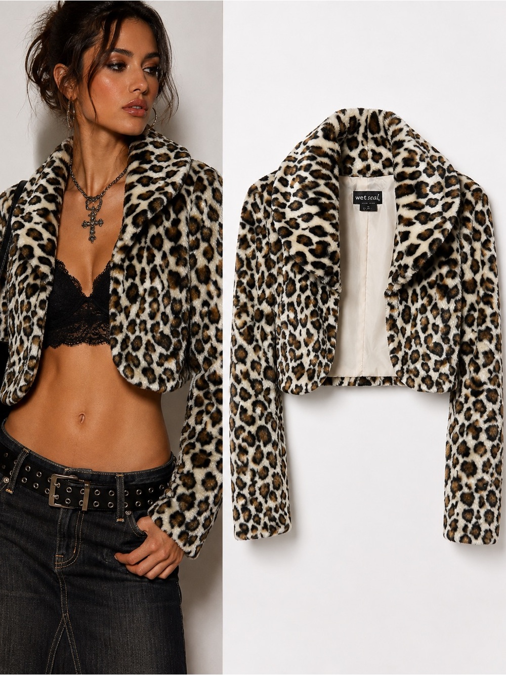 Wet Seal Y2K Leopard Faux Fur Cropped Jacket Coat Animal Print Size S Mob Wife